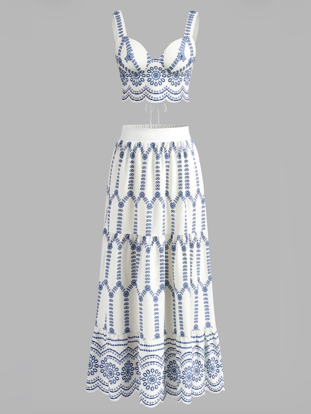 Commense 2-Piece White and Blue Maxi Skirt and Top
